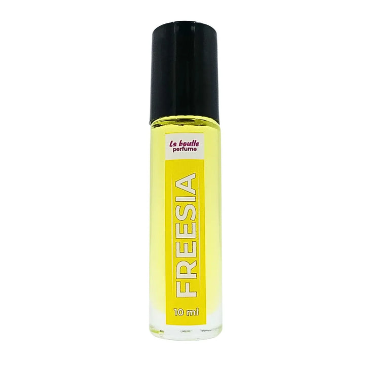 Freesia roll-on perfume bottles La Boulle with black caps on a white background
