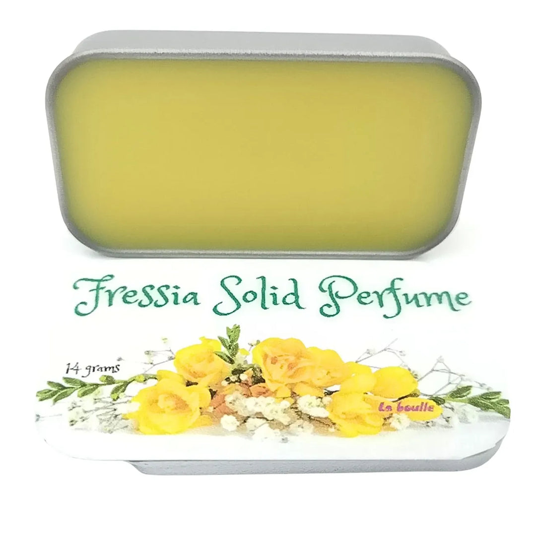 Freesia solid natural perfume balm, La Boulle, on a white background