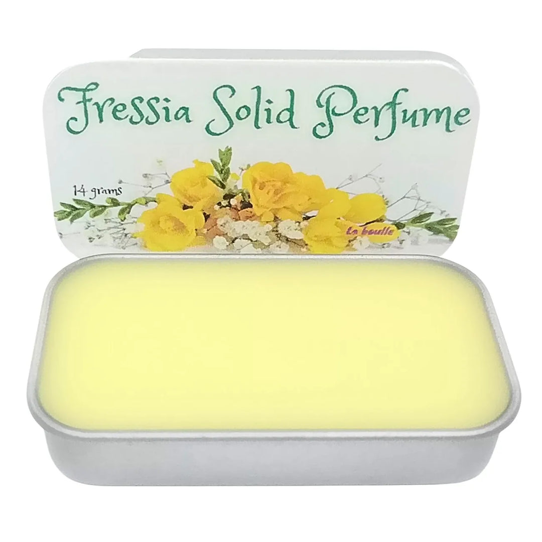 Freesia solid natural perfume balm, La Boulle, on a white background