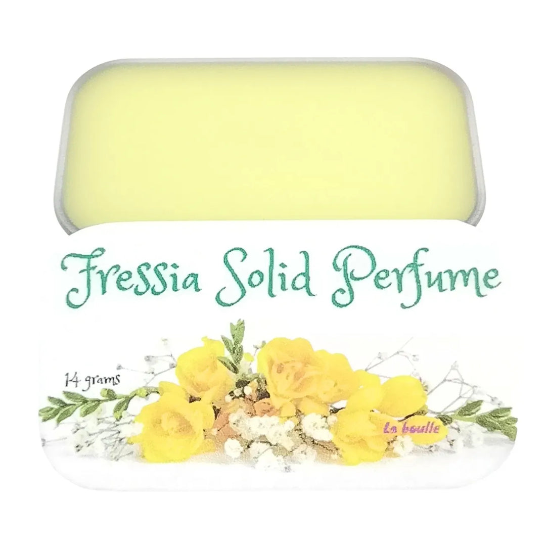Freesia solid natural perfume balm, La Boulle, on a white background