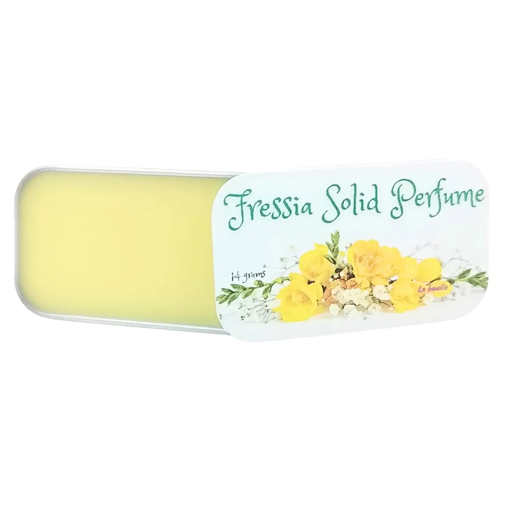 Freesia solid natural perfume balm, La Boulle, on a white background