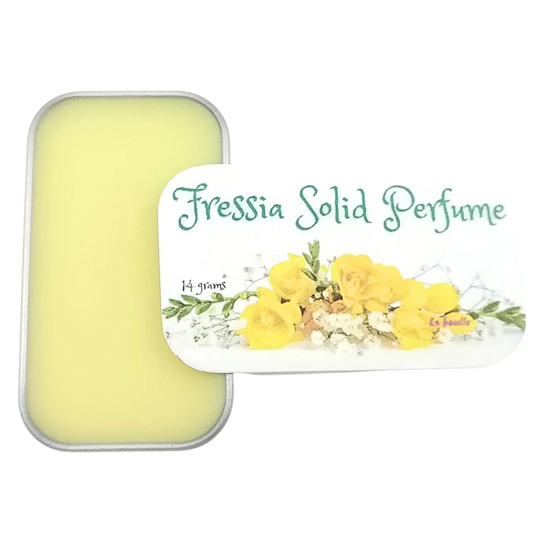 Freesia solid natural perfume balm, La Boulle, on a white background