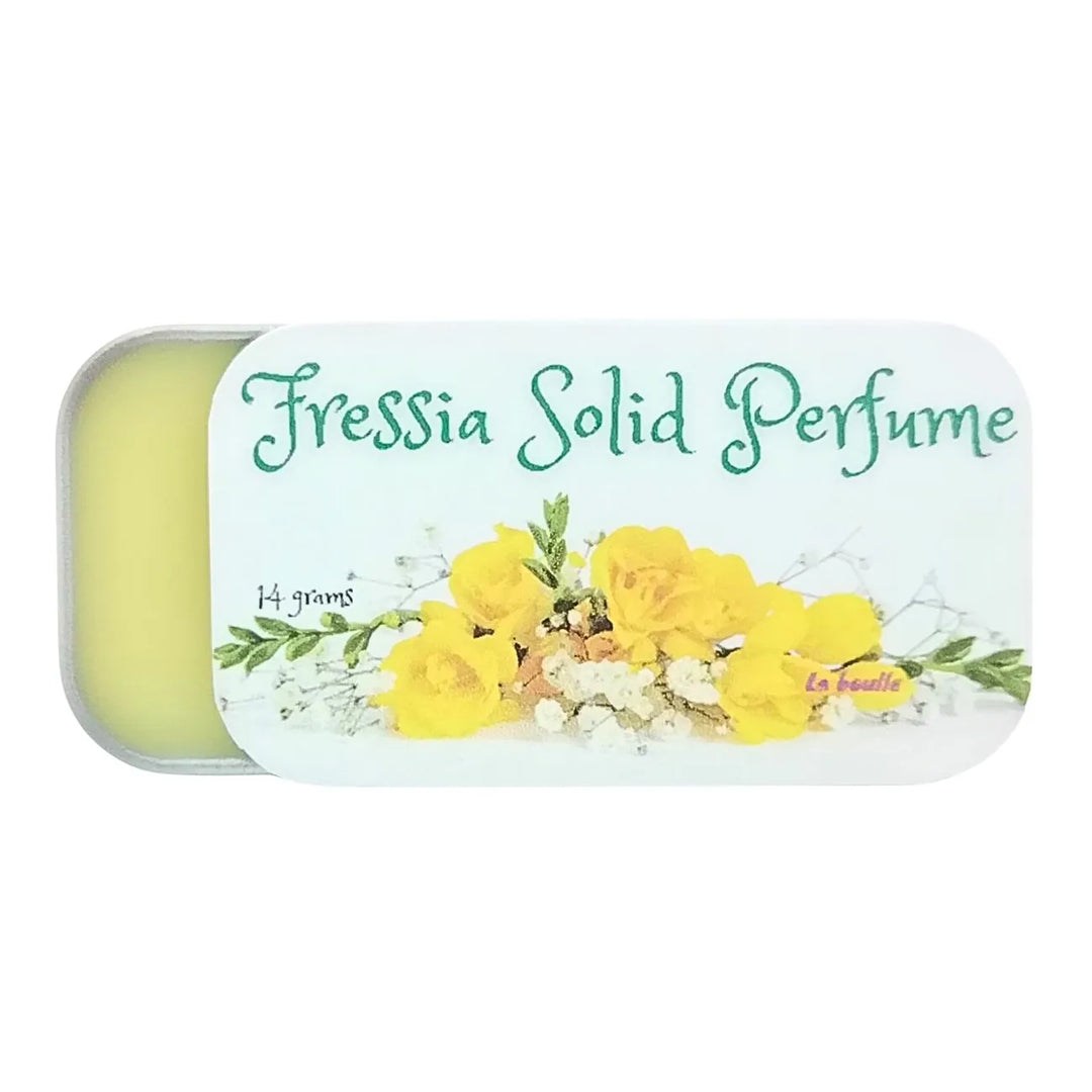 Freesia solid natural perfume balm, La Boulle, on a white background