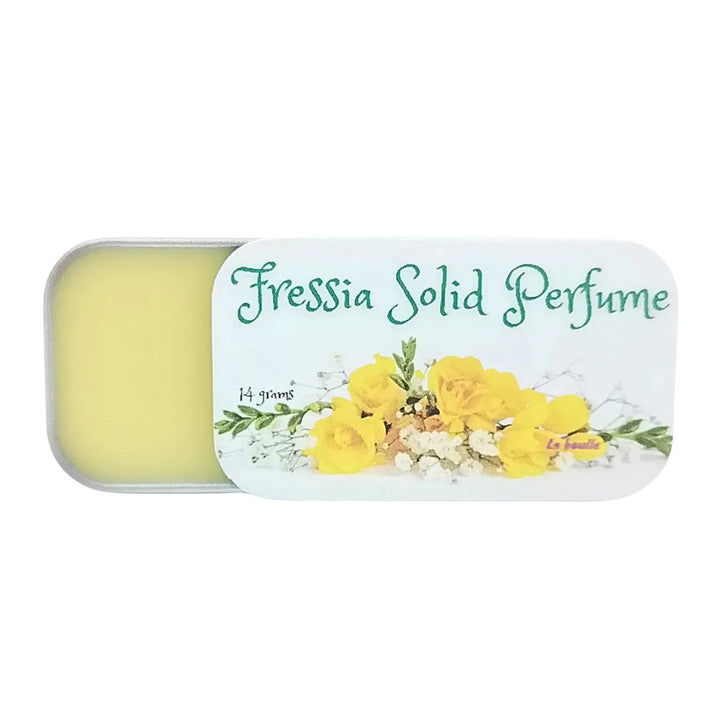 Freesia solid natural perfume balm, La Boulle, on a white background