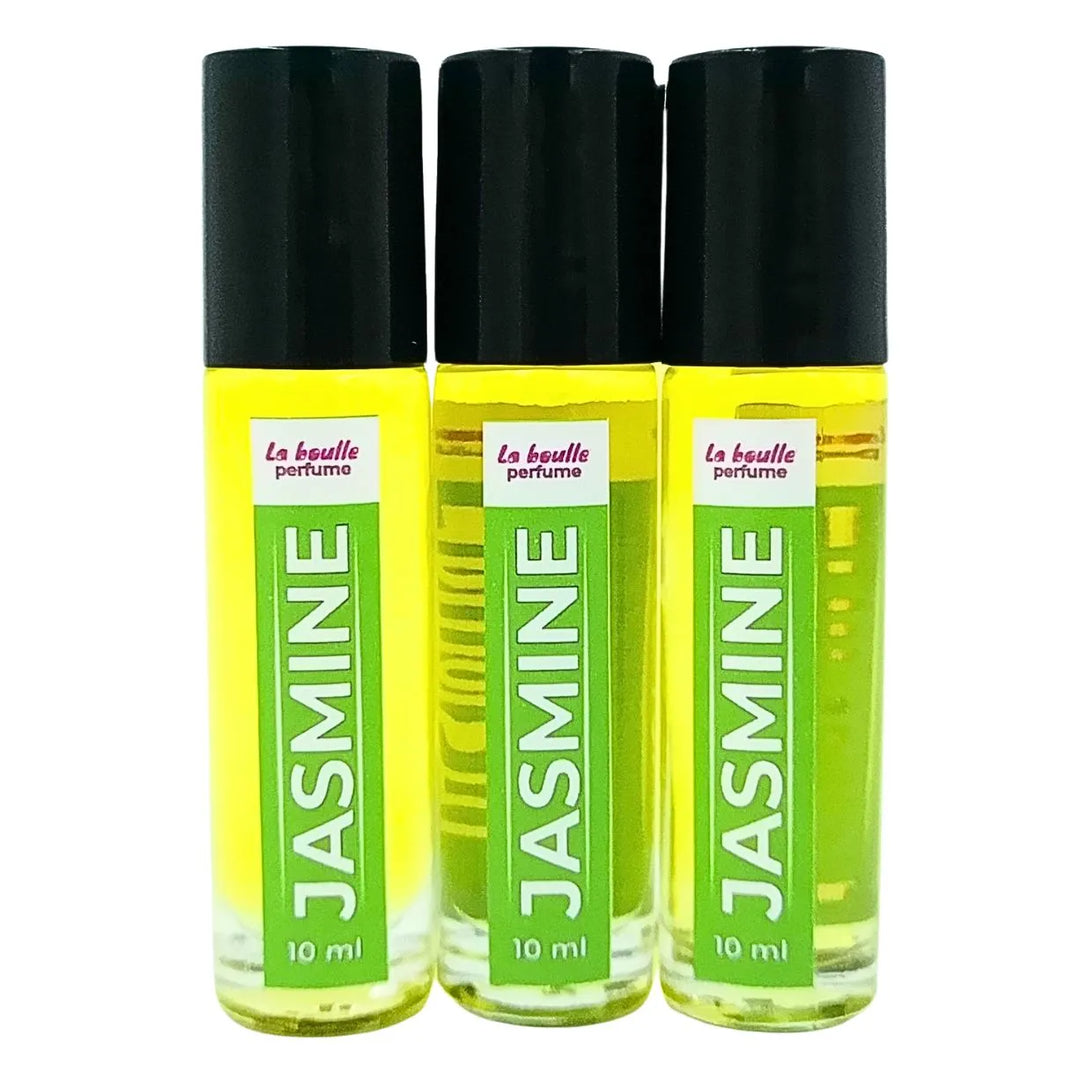 Jasmine roll-on perfume bottles La Boulle with black caps on a white background