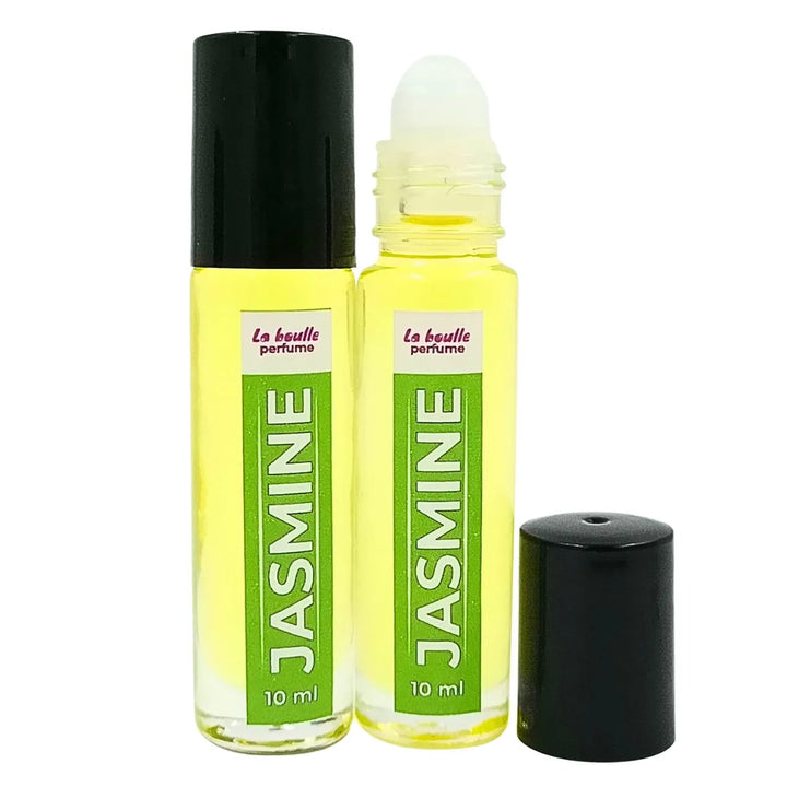 Jasmine roll-on perfume bottles La Boulle with black caps on a white background