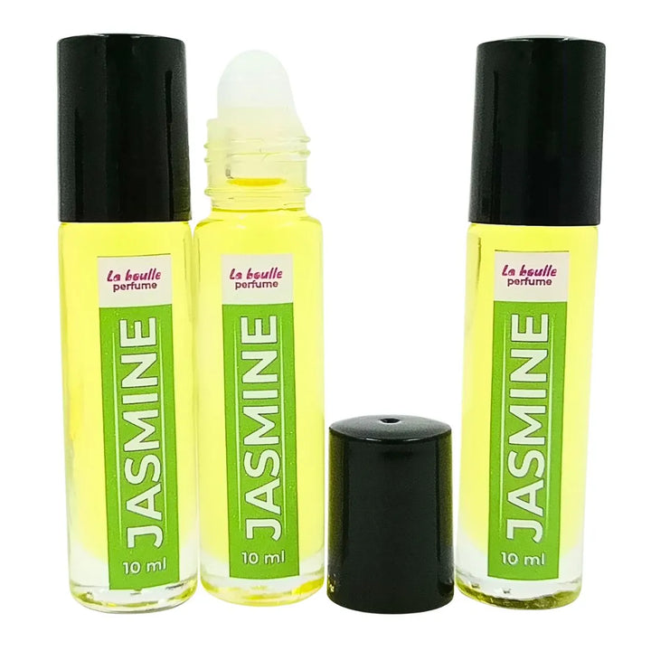 Jasmine roll-on perfume bottles La Boulle with black caps on a white background