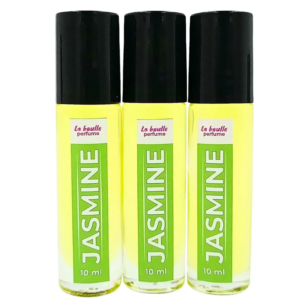 Jasmine roll-on perfume bottles La Boulle with black caps on a white background