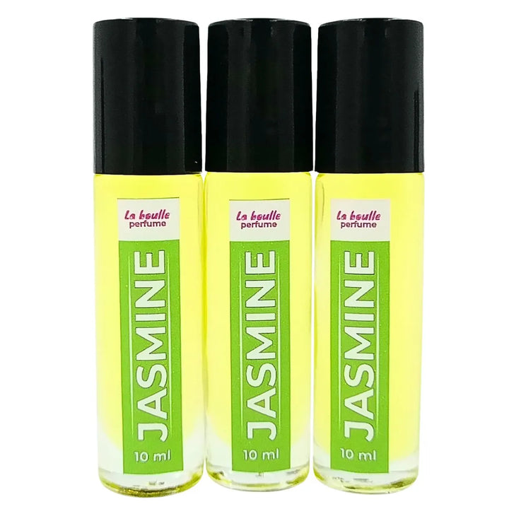 Jasmine roll-on perfume bottles La Boulle with black caps on a white background