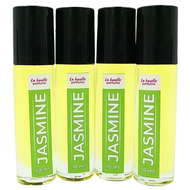 Jasmine roll-on perfume bottles La Boulle with black caps on a white background