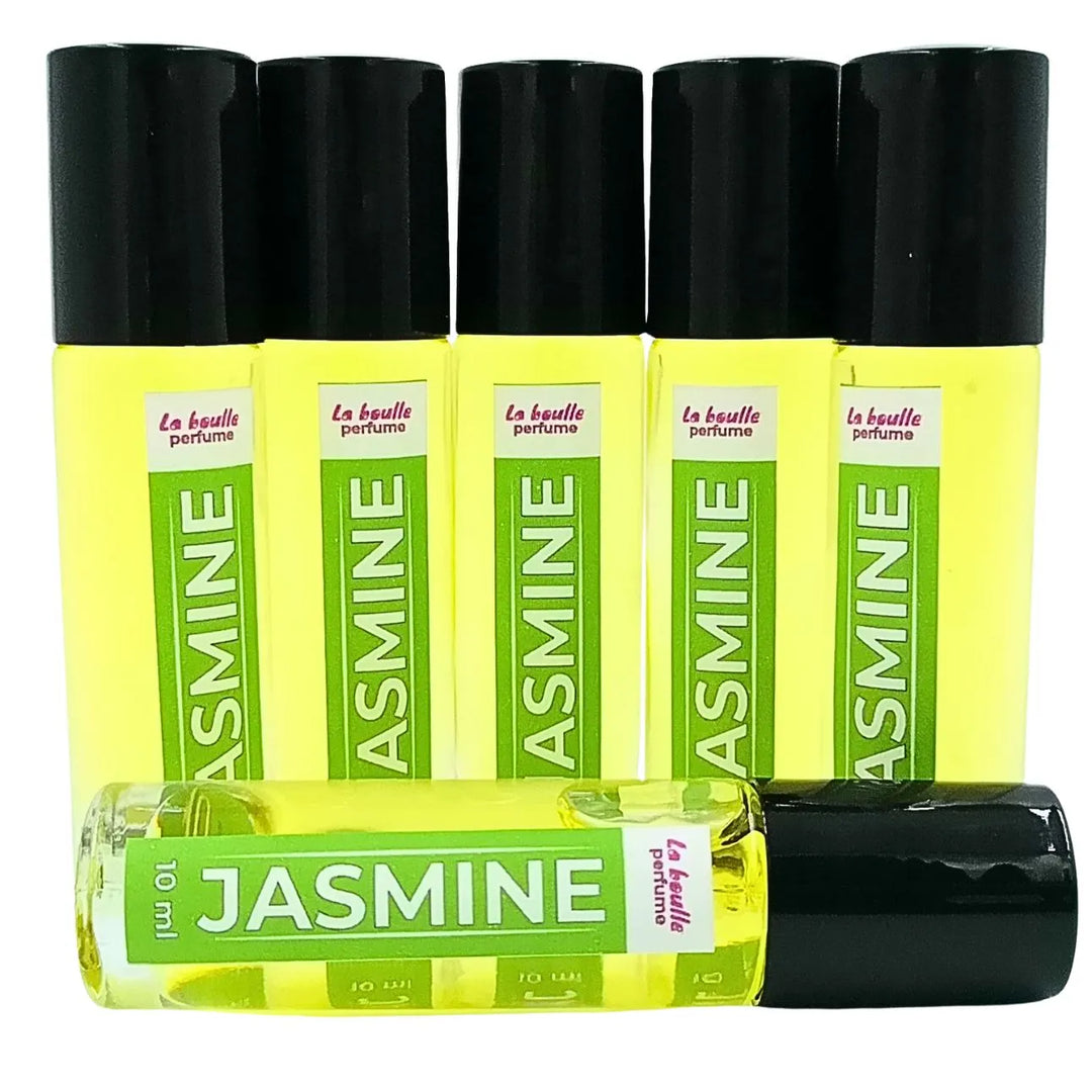 Jasmine roll-on perfume bottles La Boulle with black caps on a white background