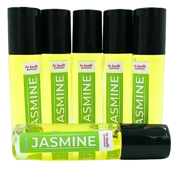Jasmine roll-on perfume bottles La Boulle with black caps on a white background