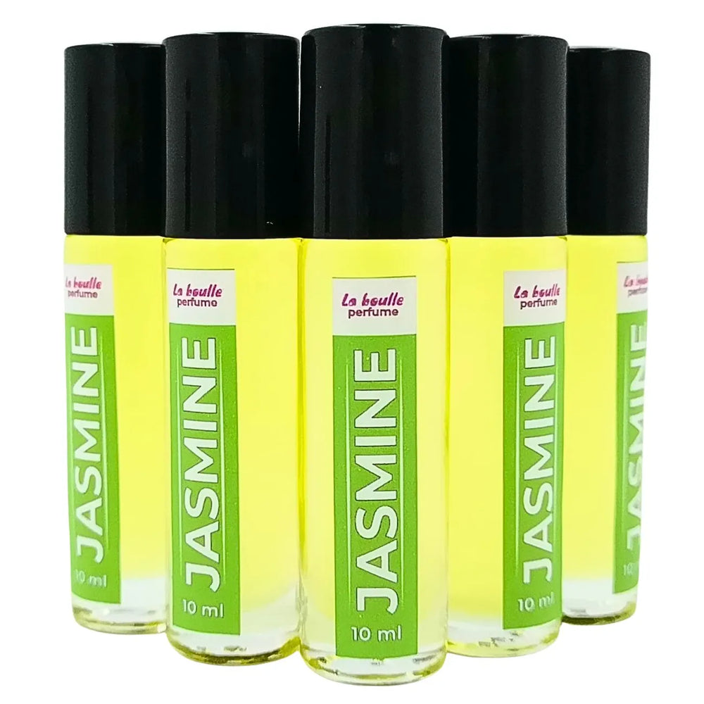 Jasmine roll-on perfume bottles La Boulle with black caps on a white background