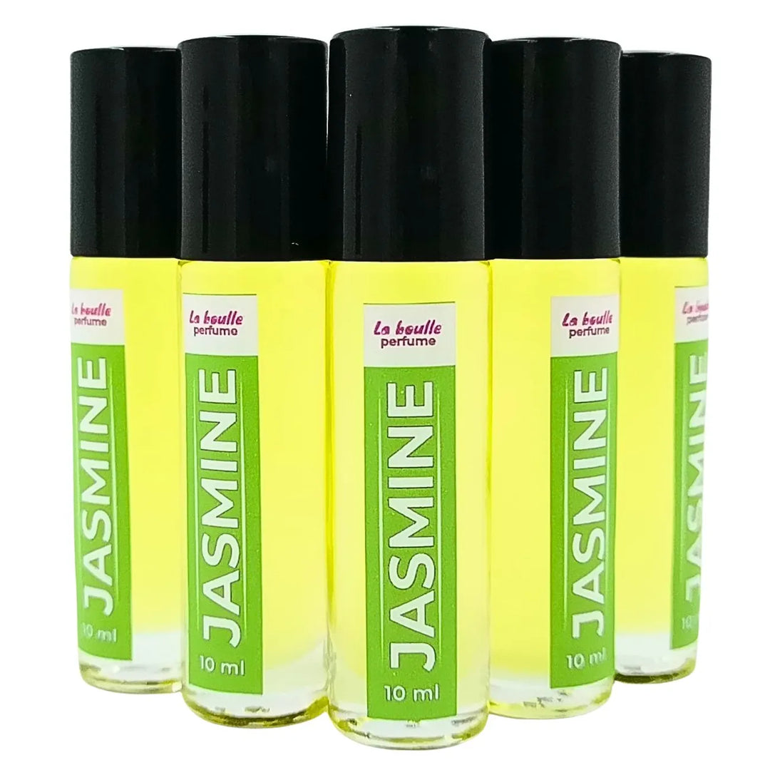 Jasmine roll-on perfume bottles La Boulle with black caps on a white background