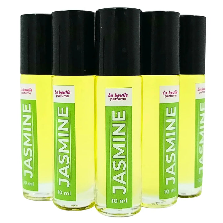 Jasmine roll-on perfume bottles La Boulle with black caps on a white background