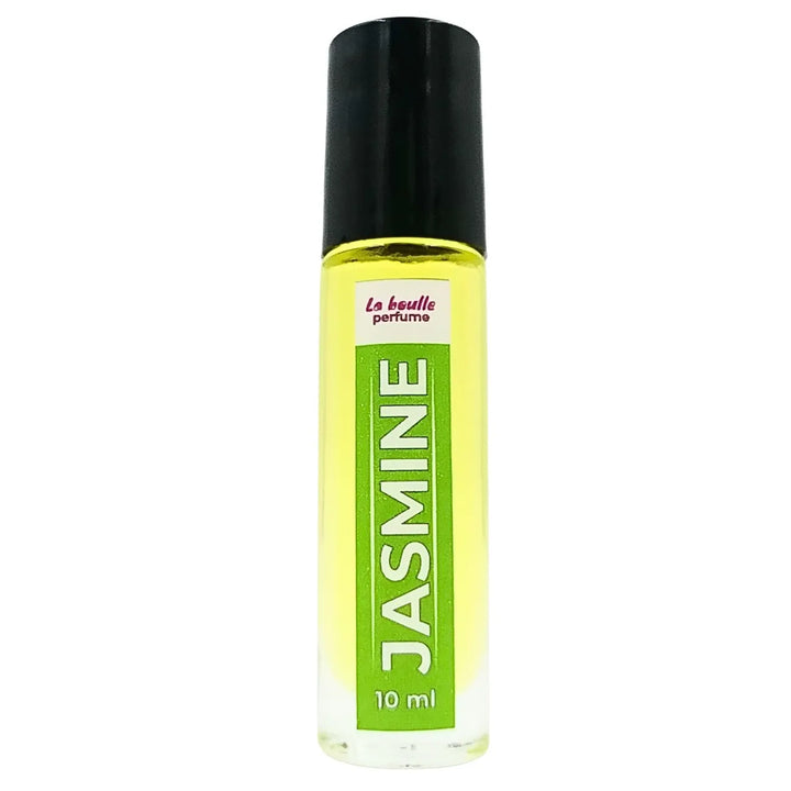 Jasmine roll-on perfume bottles La Boulle with black caps on a white background