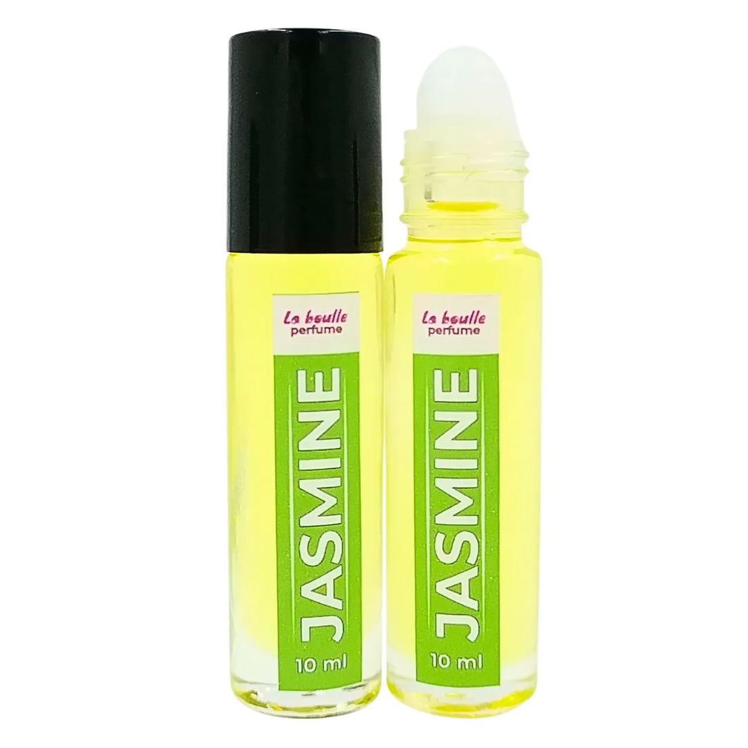 Jasmine roll-on perfume bottles La Boulle with black caps on a white background