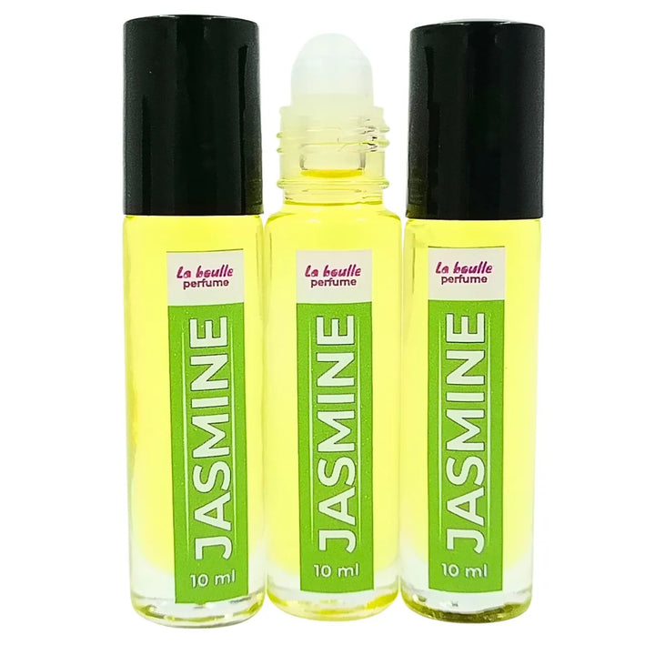Jasmine roll-on perfume bottles La Boulle with black caps on a white background