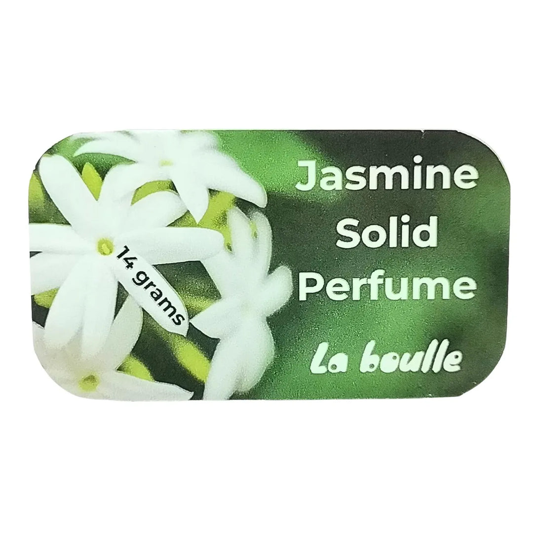 Jasmine solid natural perfume balm, La Boulle, on a white background