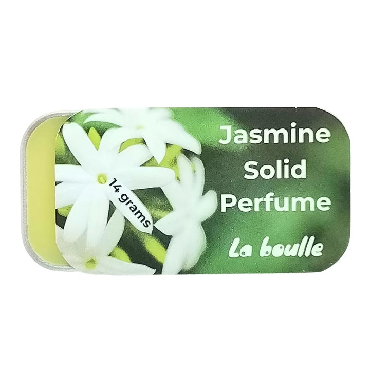 Jasmine solid natural perfume balm, La Boulle, on a white background