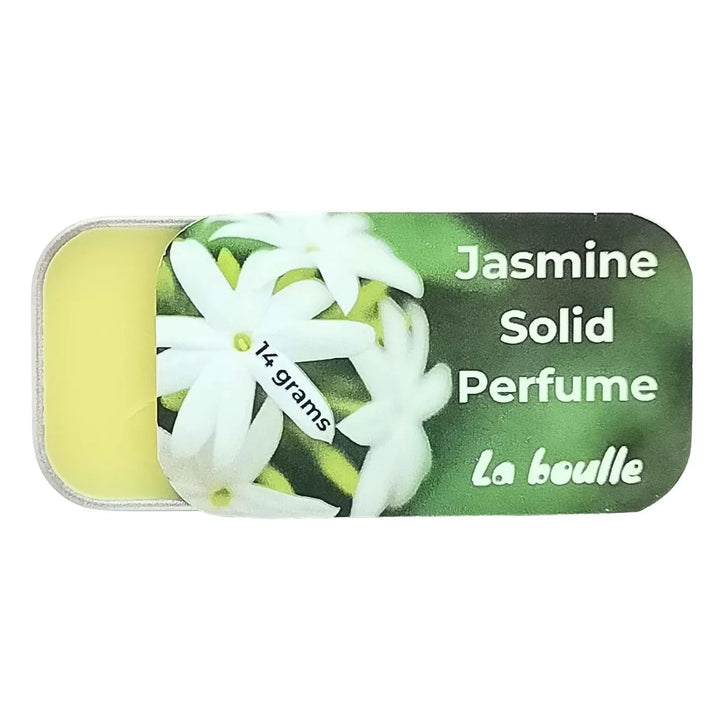 Jasmine solid natural perfume balm, La Boulle, on a white background