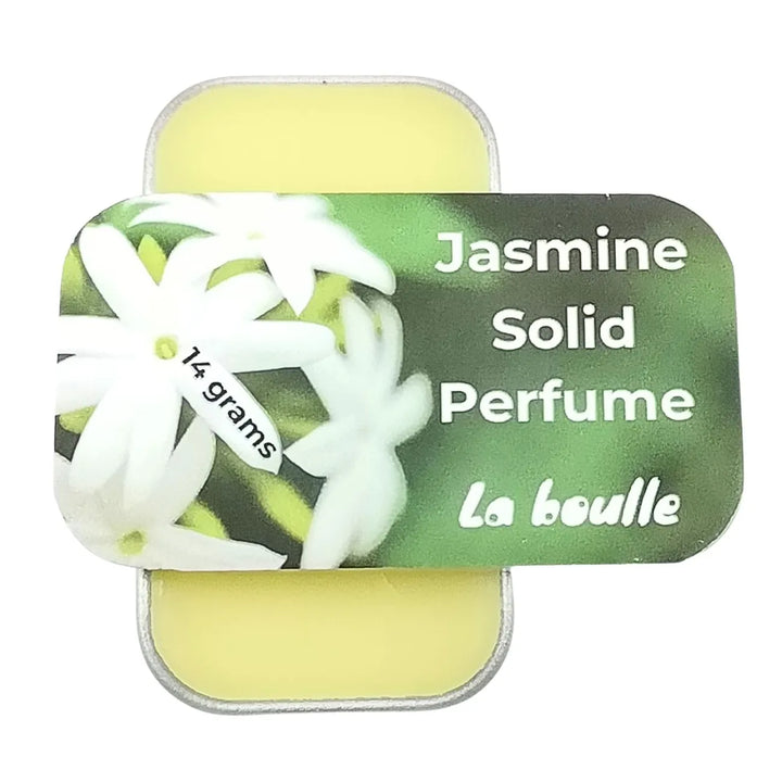 Jasmine solid natural perfume balm, La Boulle, on a white background