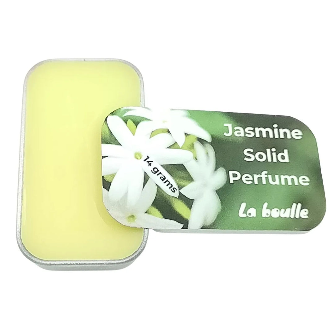 Jasmine solid natural perfume balm, La Boulle, on a white background