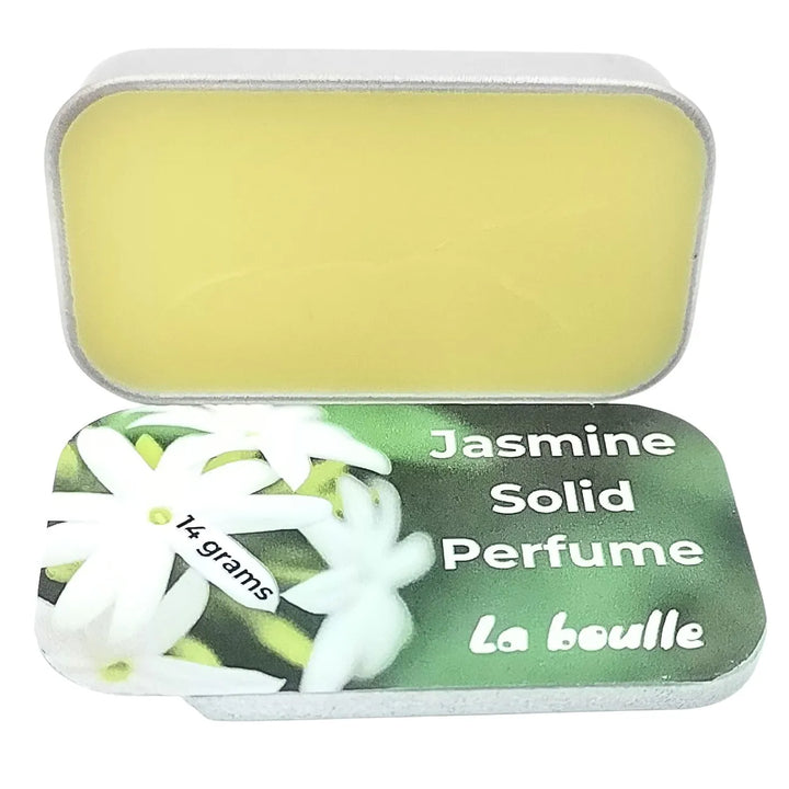 Jasmine solid natural perfume balm, La Boulle, on a white background