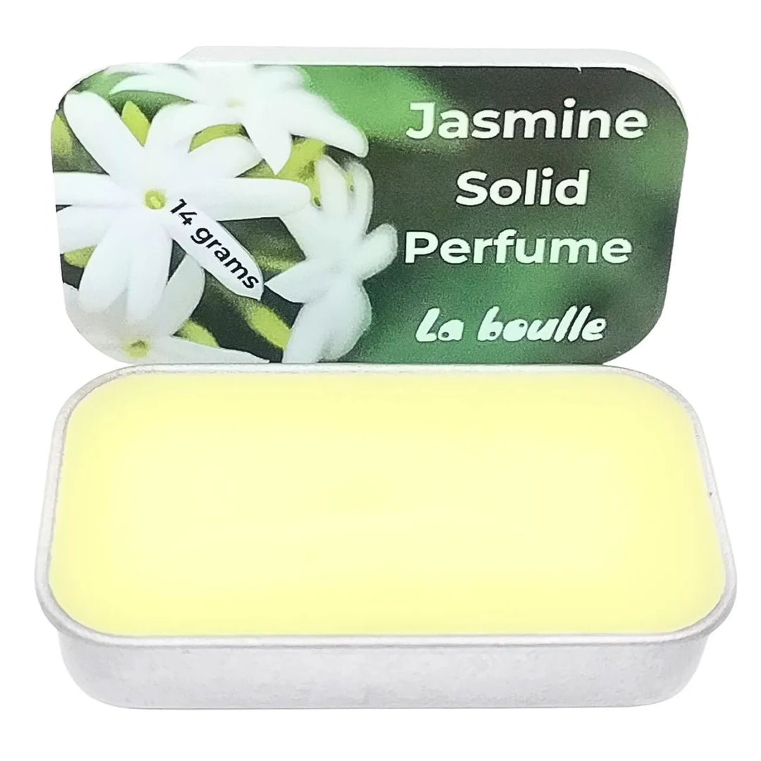 Jasmine solid natural perfume balm, La Boulle, on a white background