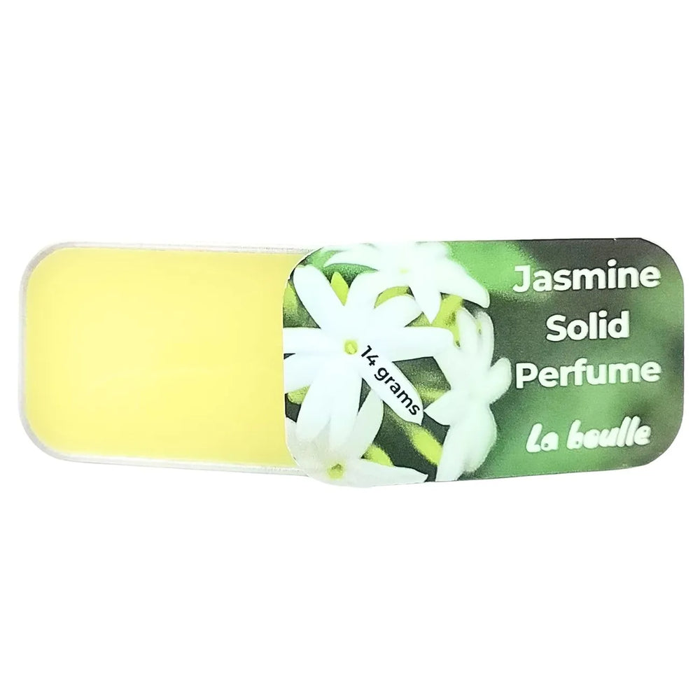 Jasmine solid natural perfume balm, La Boulle, on a white background