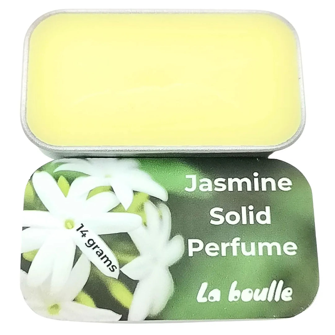 Jasmine solid natural perfume balm, La Boulle, on a white background