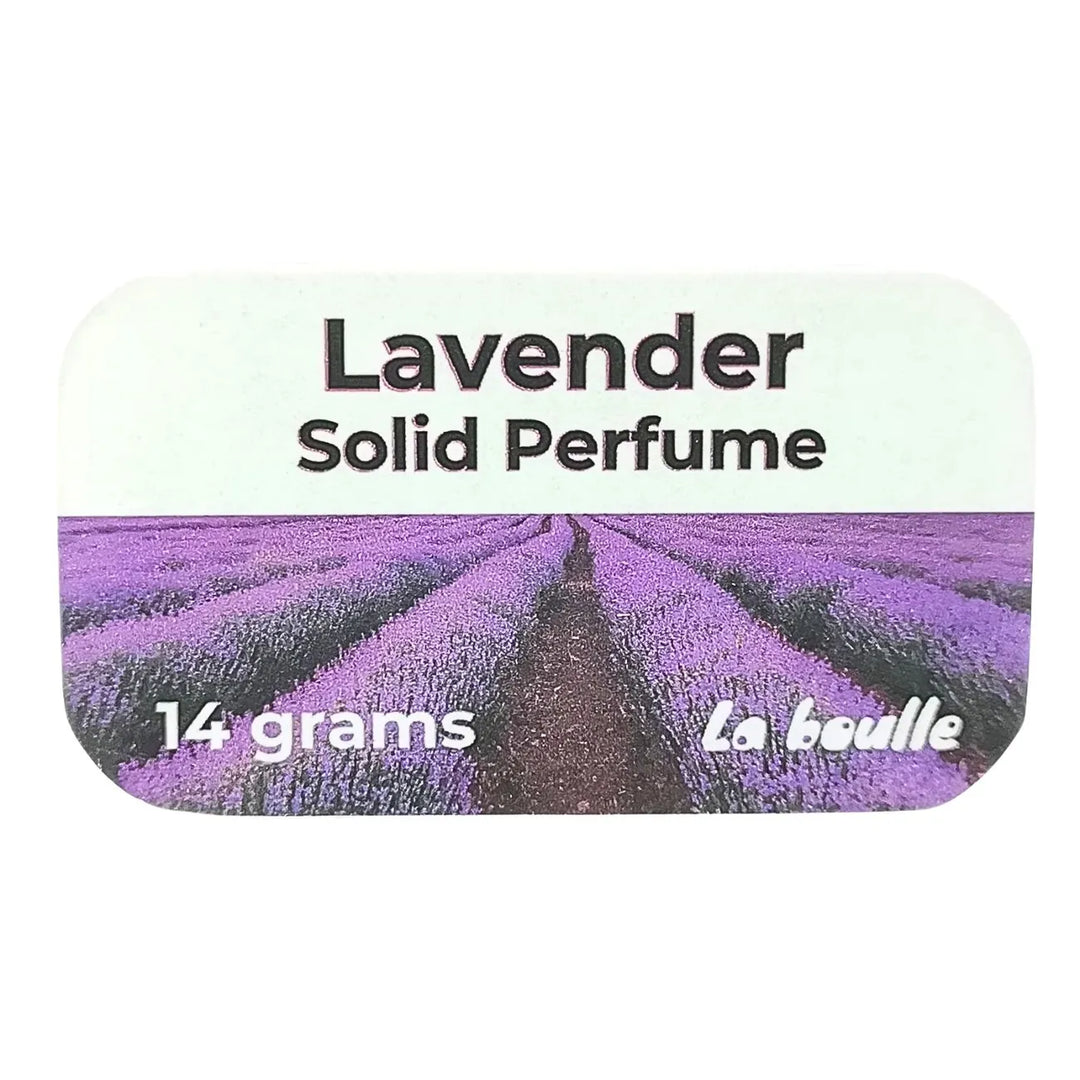 Lavender solid natural perfume balm, La Boulle, on a white background