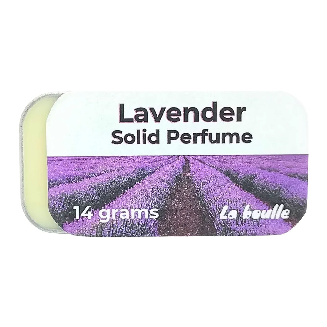 Lavender solid natural perfume balm, La Boulle, on a white background
