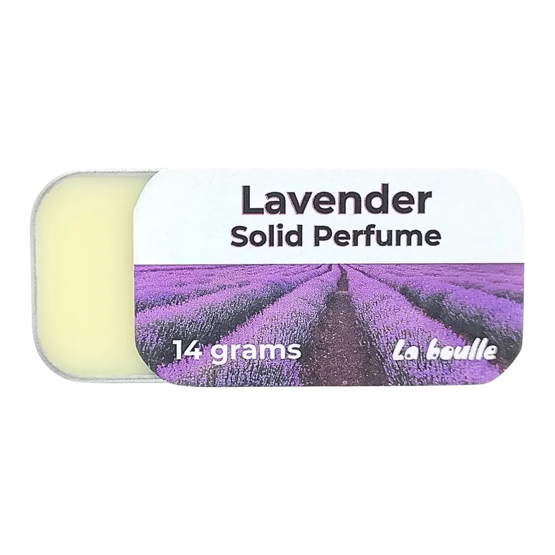 Lavender solid natural perfume balm, La Boulle, on a white background