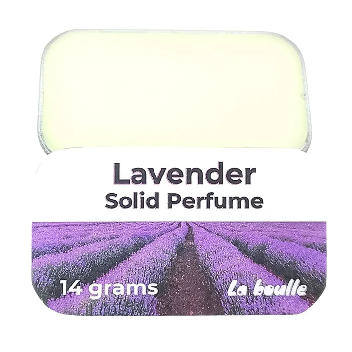 Lavender solid natural perfume balm, La Boulle, on a white background