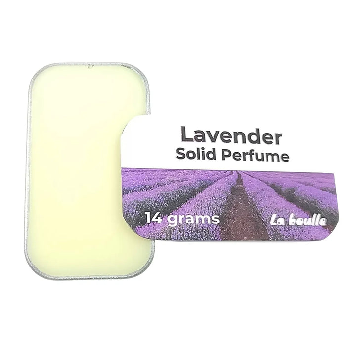 Lavender solid natural perfume balm, La Boulle, on a white background