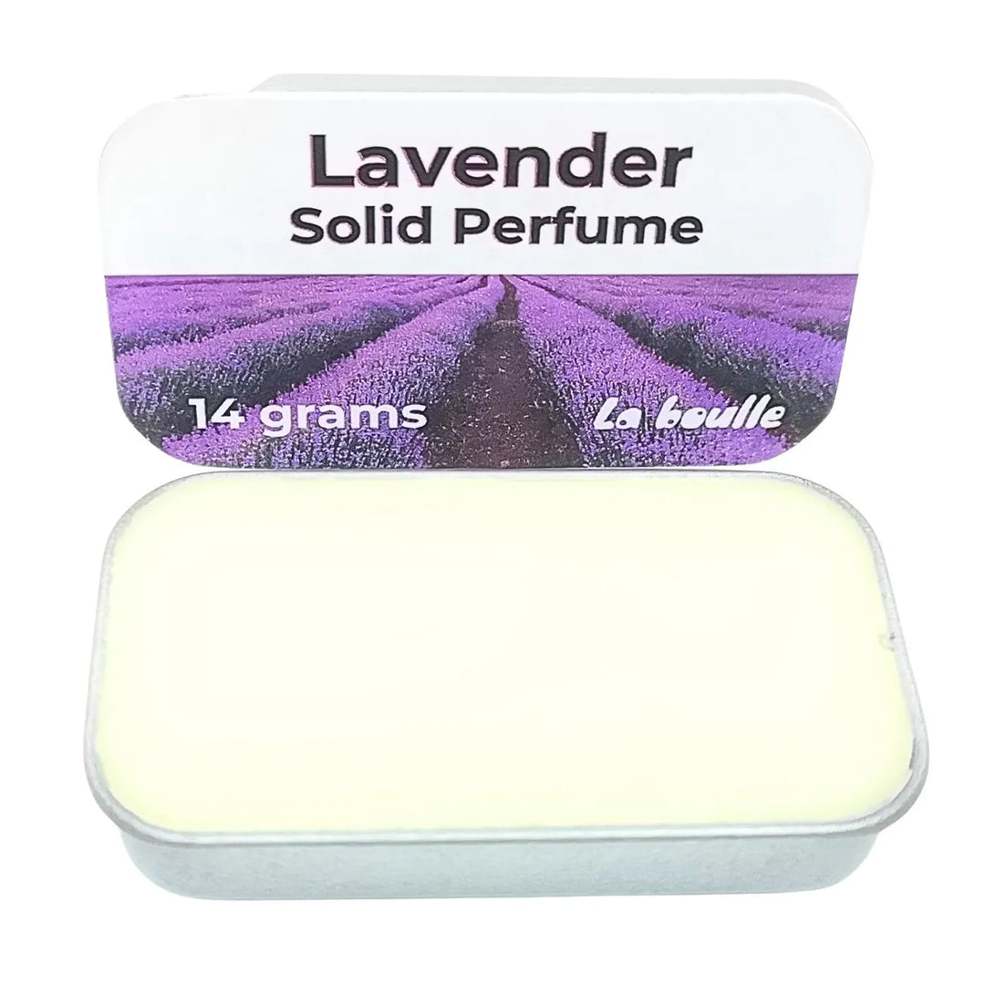 Lavender solid natural perfume balm, La Boulle, on a white background