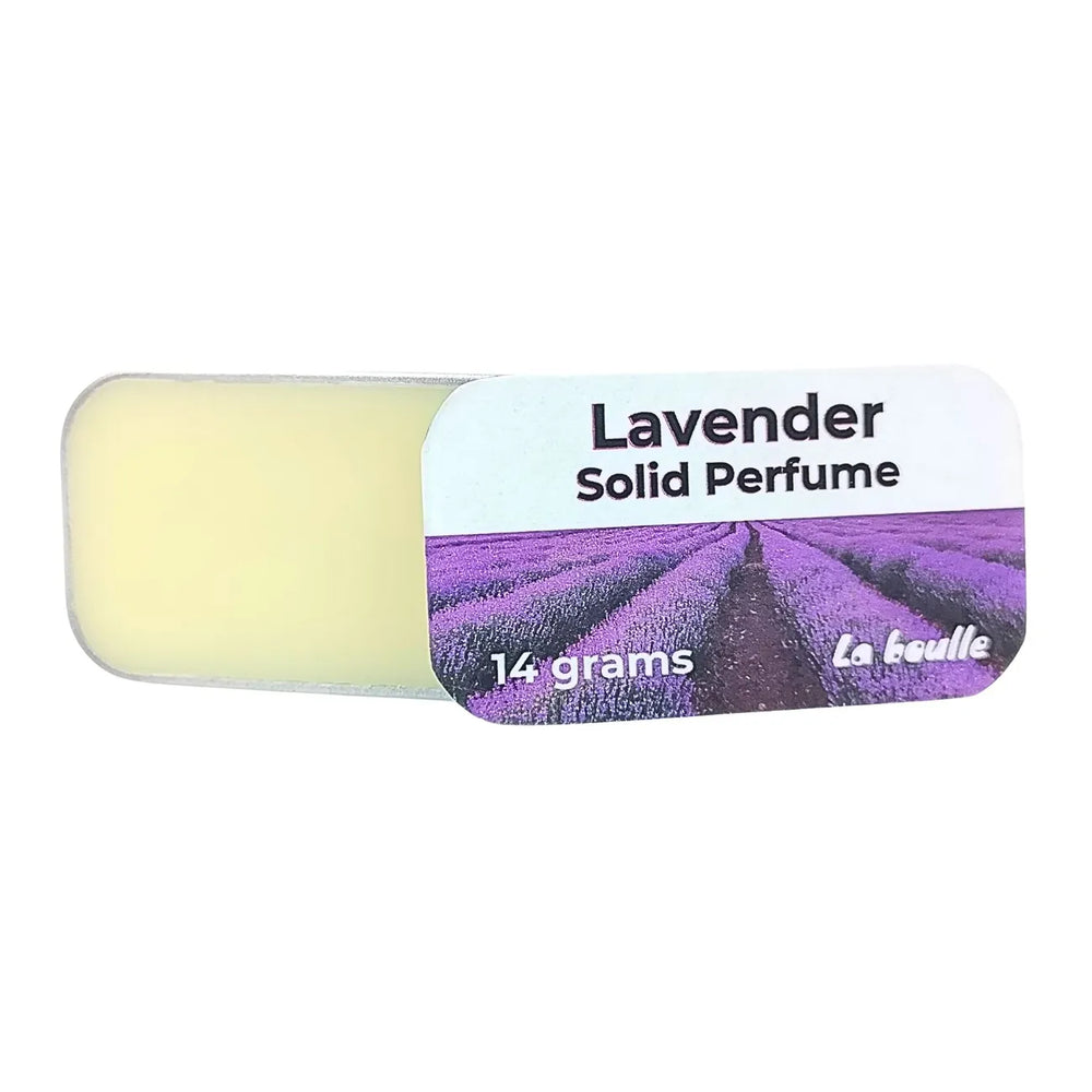Lavender solid natural perfume balm, La Boulle, on a white background