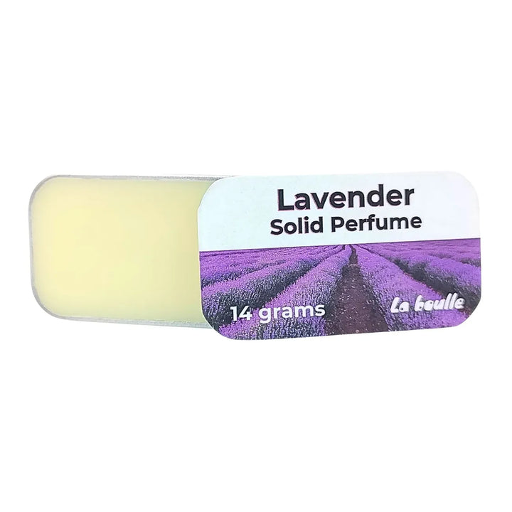 Lavender solid natural perfume balm, La Boulle, on a white background