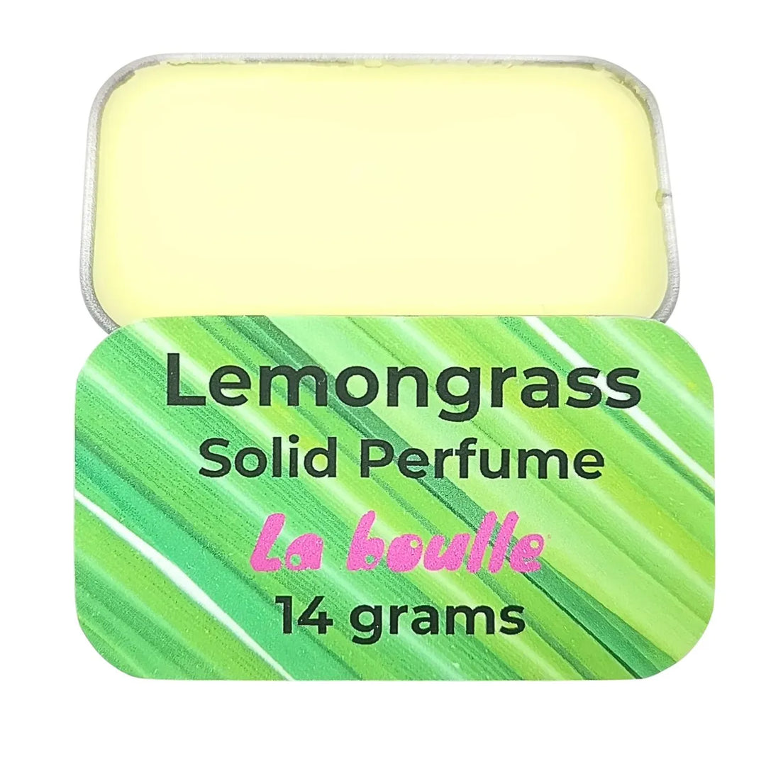 Lemongrass solid natural perfume balm, La Boulle, on a white background