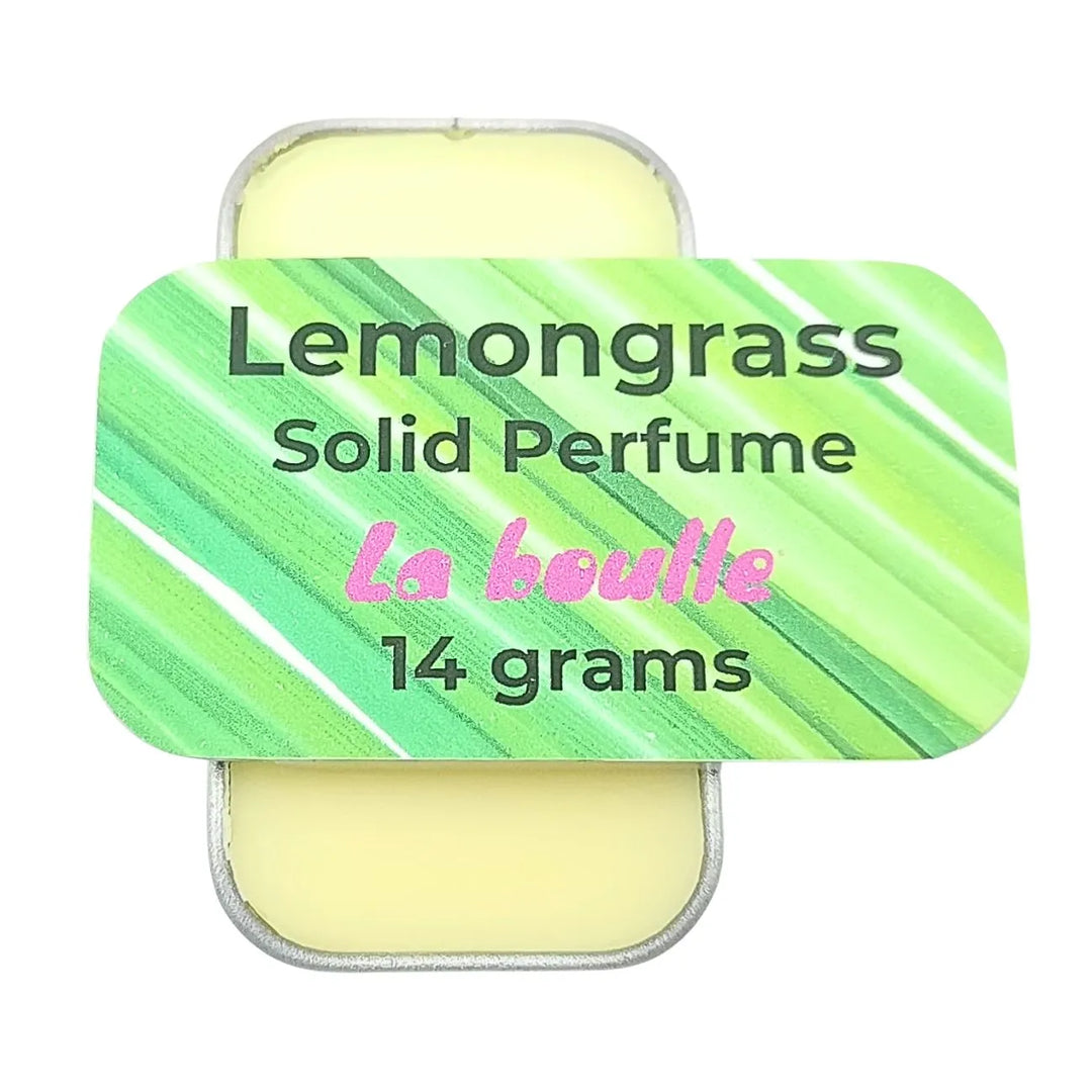 Lemongrass solid natural perfume balm, La Boulle, on a white background