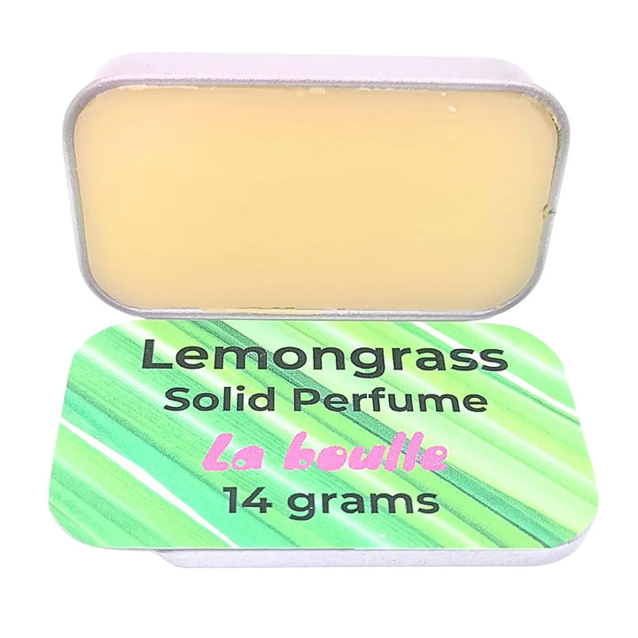 Lemongrass solid natural perfume balm, La Boulle, on a white background