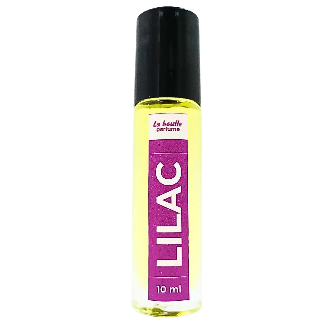 Lilac roll-on perfume bottles La Boulle with black caps on a white background