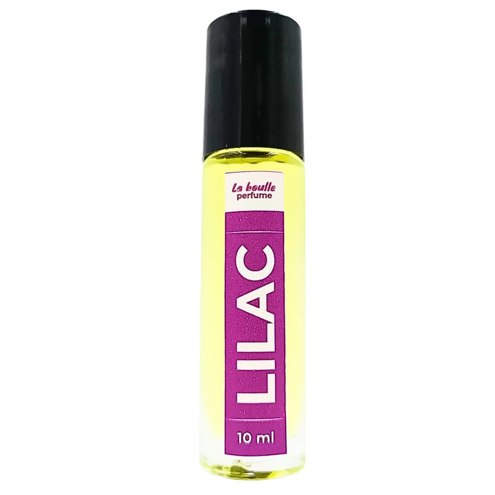 Lilac roll-on perfume bottles La Boulle with black caps on a white background