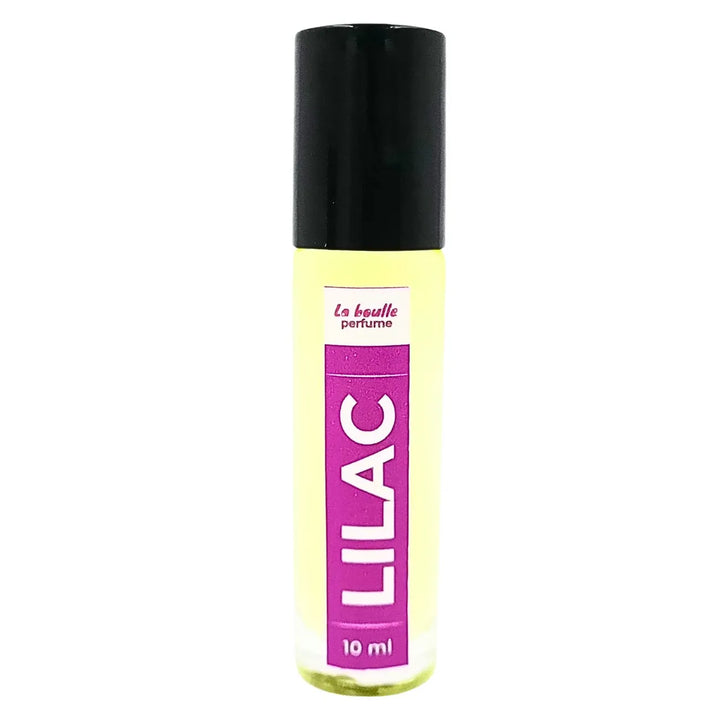 Lilac roll-on perfume bottles La Boulle with black caps on a white background