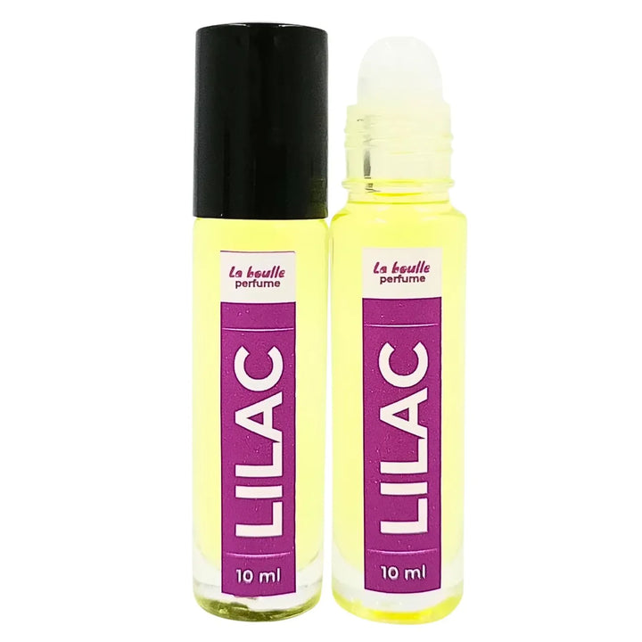Lilac roll-on perfume bottles La Boulle with black caps on a white background