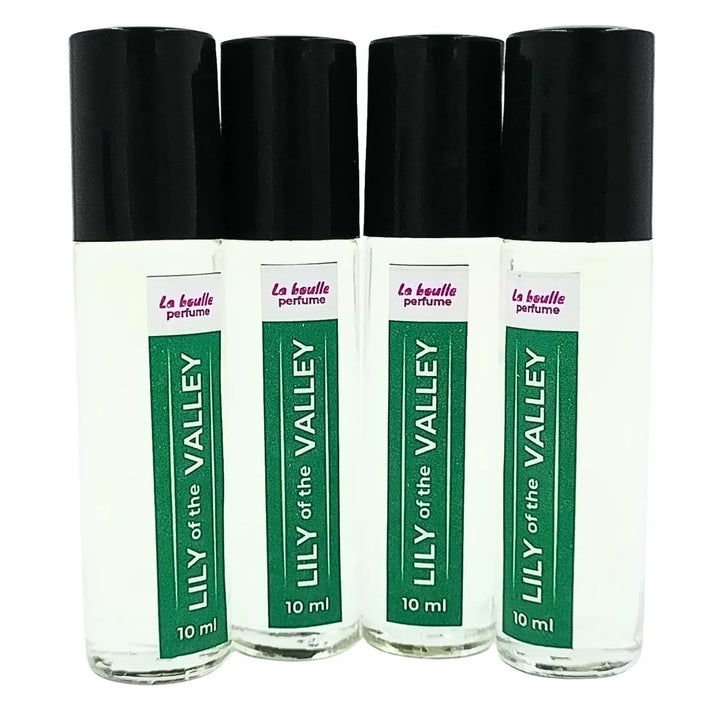Lily of the valley roll-on perfume bottles La Boulle with black caps on a white background
