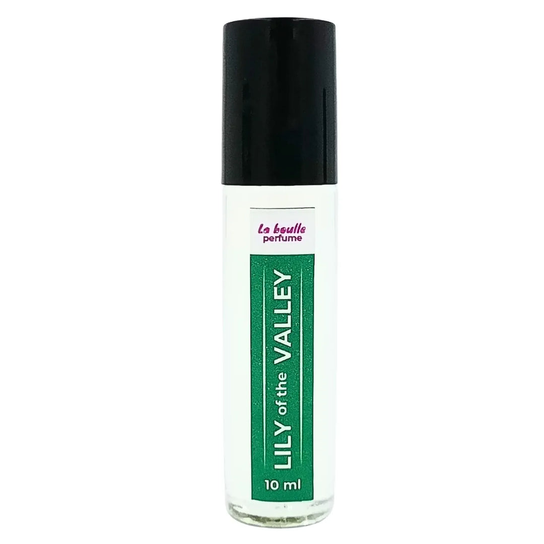 Lily of the valley roll-on perfume bottles La Boulle with black caps on a white background