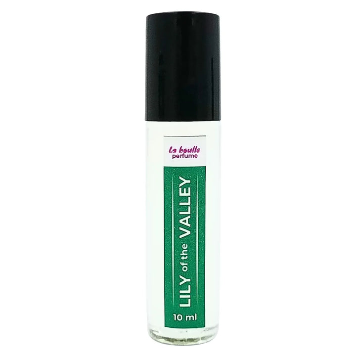 Lily of the valley roll-on perfume bottles La Boulle with black caps on a white background