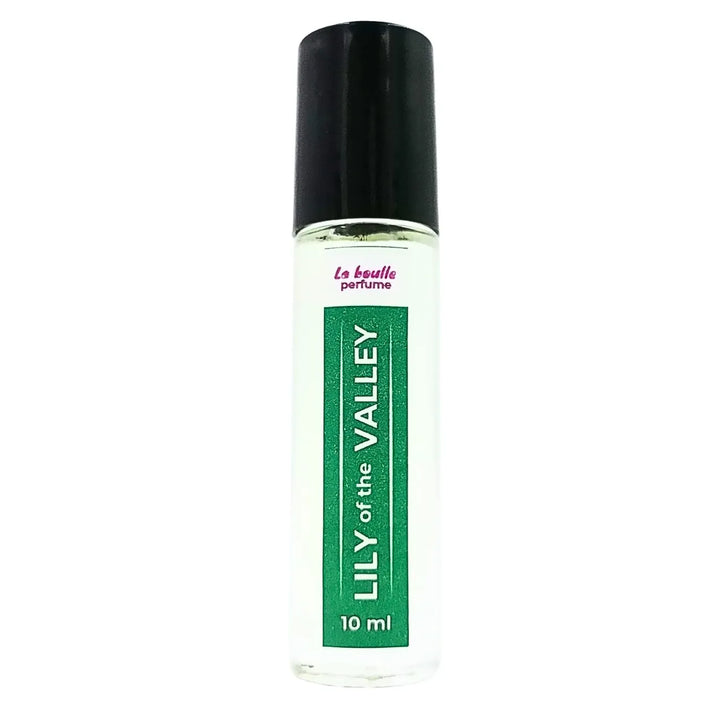 Lily of the valley roll-on perfume bottles La Boulle with black caps on a white background